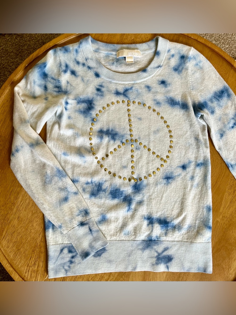 Michael Kors 100% Merino Wool Blue Tie Dye Peace Sign Sweater